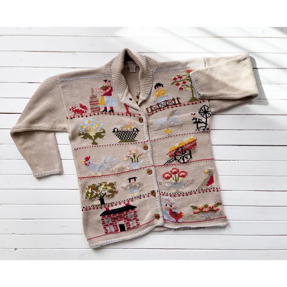 vtg All Week Long Amish country chicken farm hand knit cardigan sweater L - Picture 1 of 5